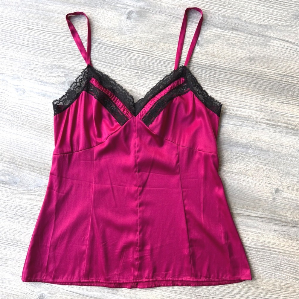 Moda International Silk Lace Cami Magenta Pink Black Trim Y2K Coquette Top Small